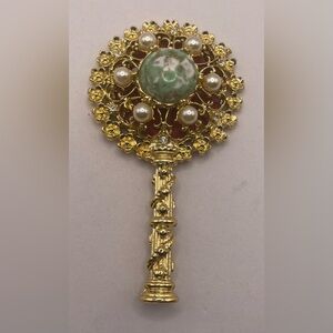 Vintage 1950s Signed Mid Century Ornate Hand Mirror Faux Pearls Faceted Crystals